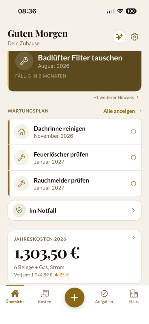 Hausgedächtnis: Dashboard mit Wartungsplan, Notfallbereich und Jahreskosten