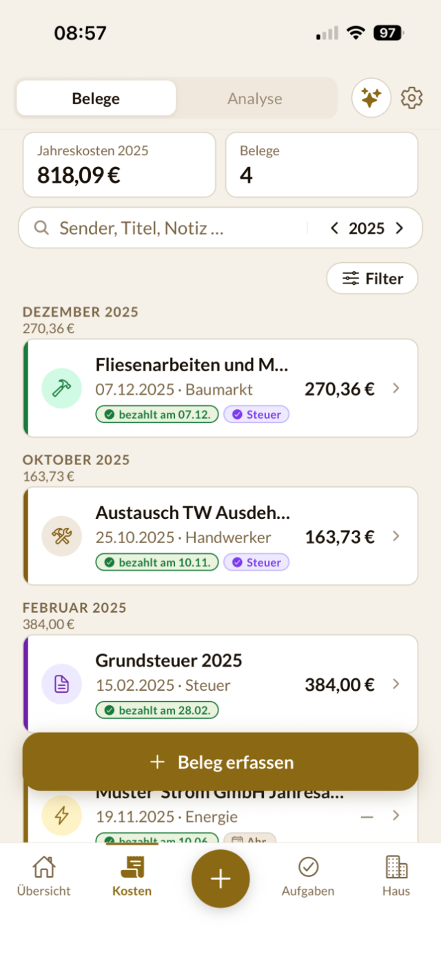 Belege-Liste — alle Rechnungen nach Monat sortiert